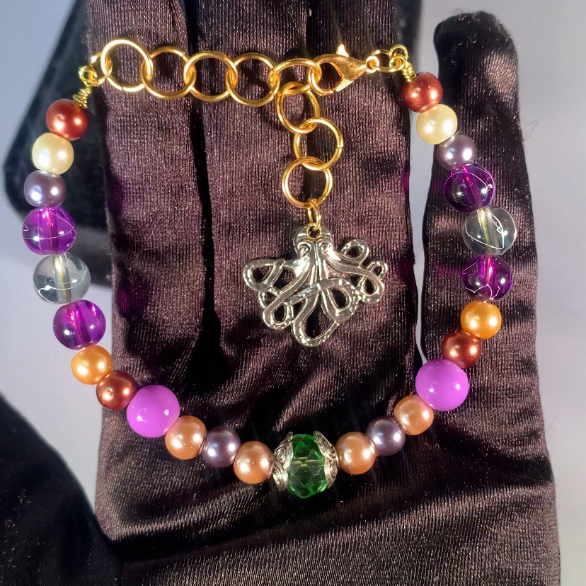 Cerebral Current Purple & Green Glass Copper Artisan Beaded Bracelet W Charm